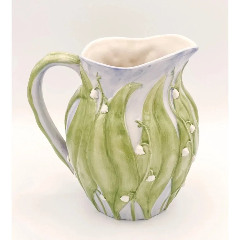Inspirado Lily of the Valley Ceramic Pitcher Embossed Floral Hand Painted - Picture 8 of 13